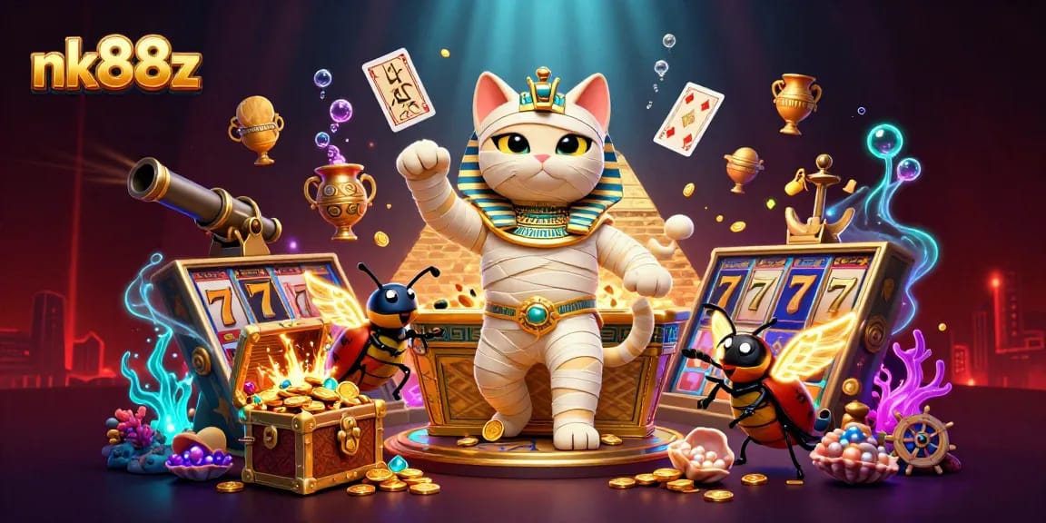 Engage with nk88z slots as the Egyptian mummy cat bursts from the sarcophagus in a colorful casino.