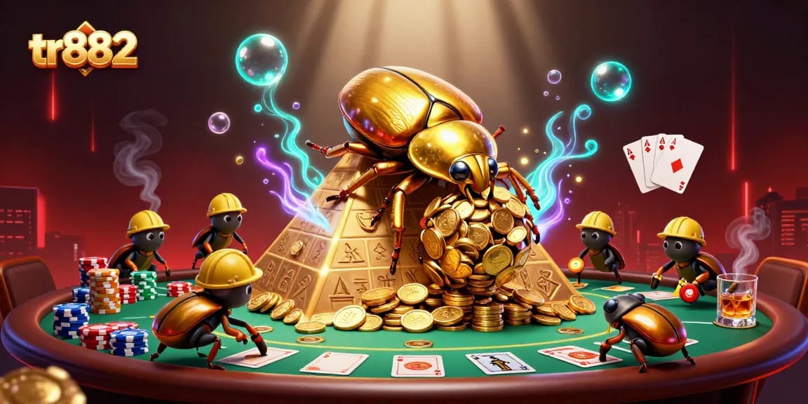 Experience tr882 with a dynamic scene of a golden beetle and poker elements in a vibrant casino