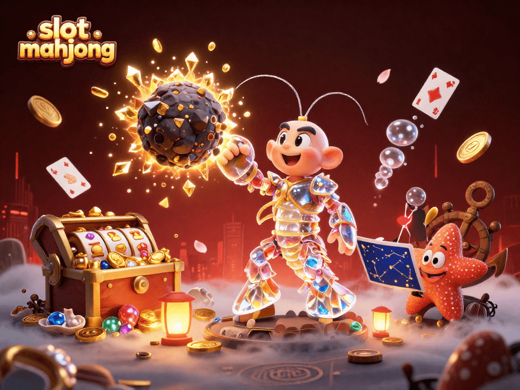 Experience the thrill of slot mahjong with vibrant characters and exciting gameplay elements in this dynamic 3D illustration.