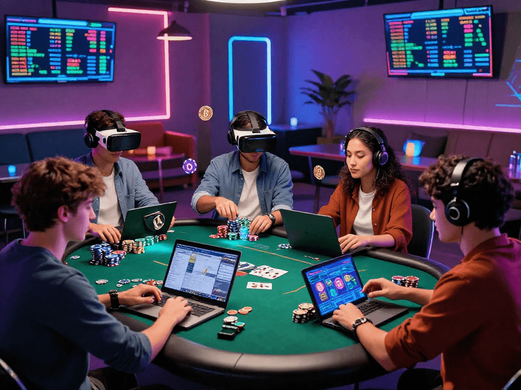 Engaging crypto casino scene with diverse players enjoying online poker, digital currency symbols, and a high-tech atmosphere.