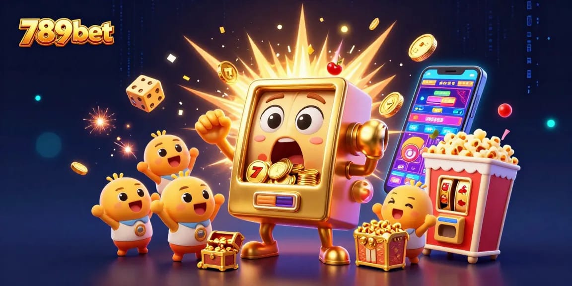 Enjoy spinning 789bet's golden slot machine while coins pour out and baby slots cheer in this vibrant casino scene.