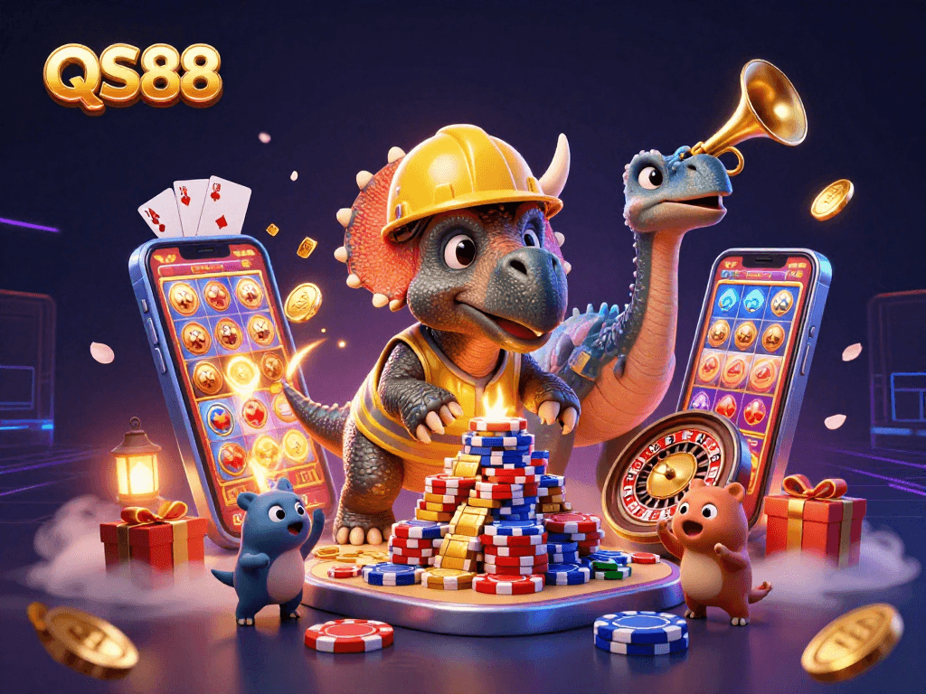 Experience the excitement of QS88 with a lively 3D casino scene featuring dynamic characters and vibrant gaming elements.