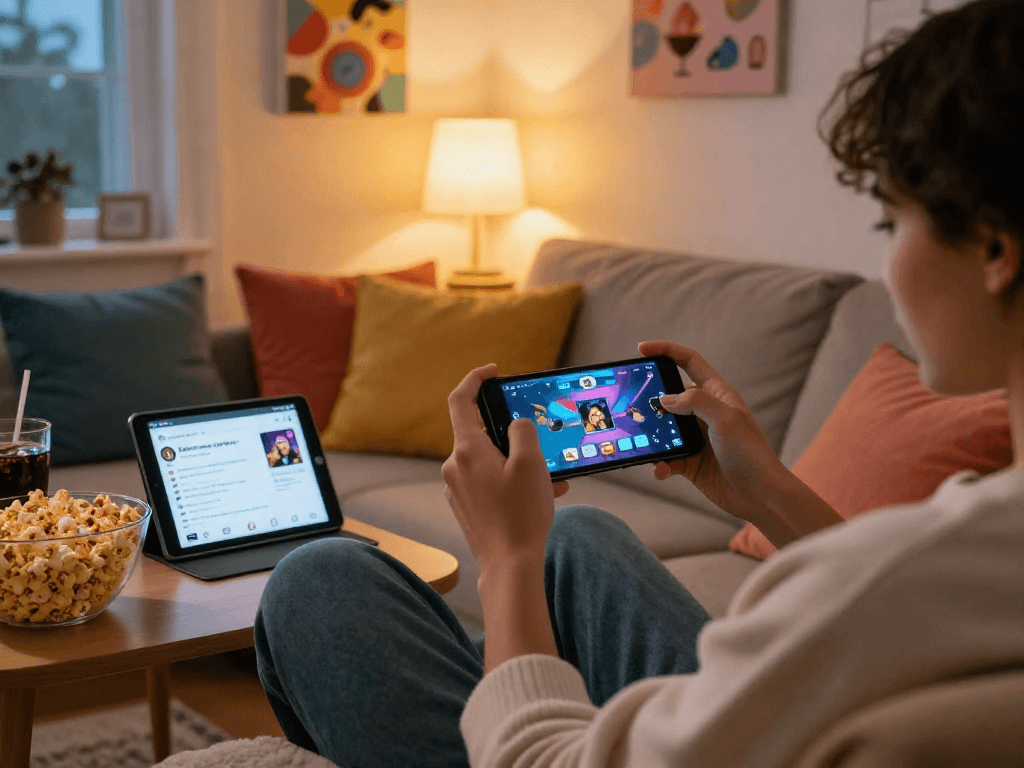Person enjoying a mobile porn game on a smartphone, cozy home environment with snacks.