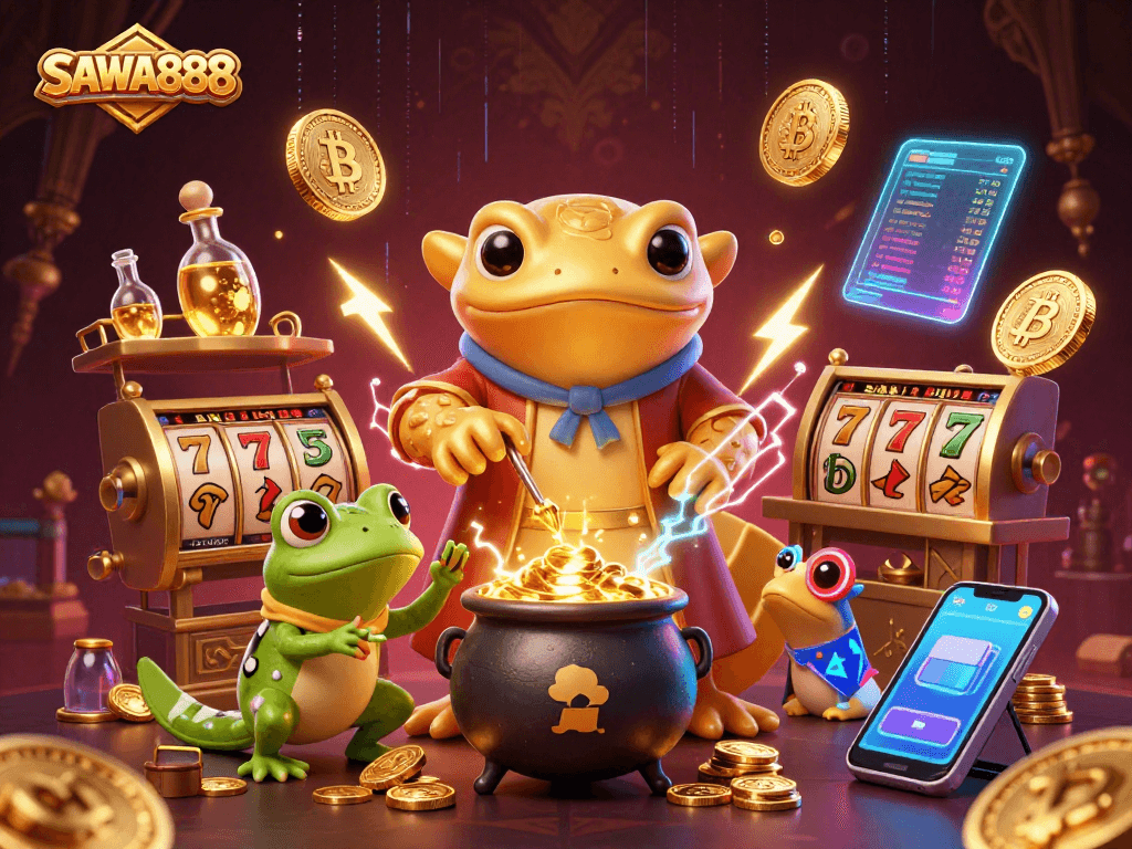 Experience thrilling slots with SAWA888's golden alchemist, coins, and dynamic digital elements.