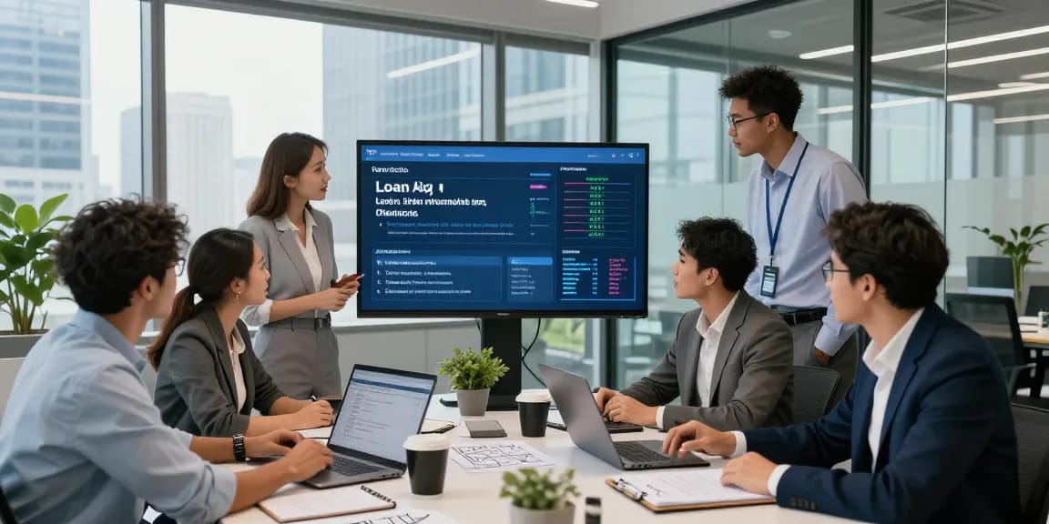 Loan consultation scene with team collaborating at www.radcred.com, displaying digital loan offers in a modern office.