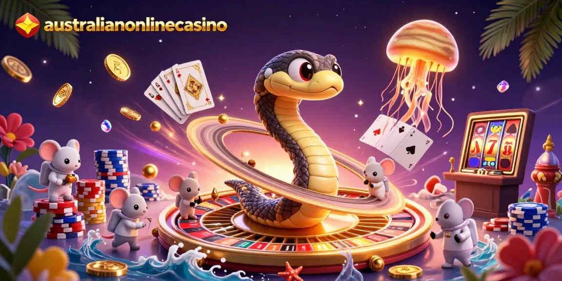 Bet on australianonlinecasino with vibrant cosmic characters and dynamic gambling elements.