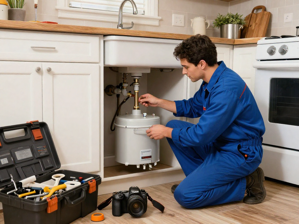 Plumber conducting direct water heater repair Fort Worth in a cozy kitchen.
