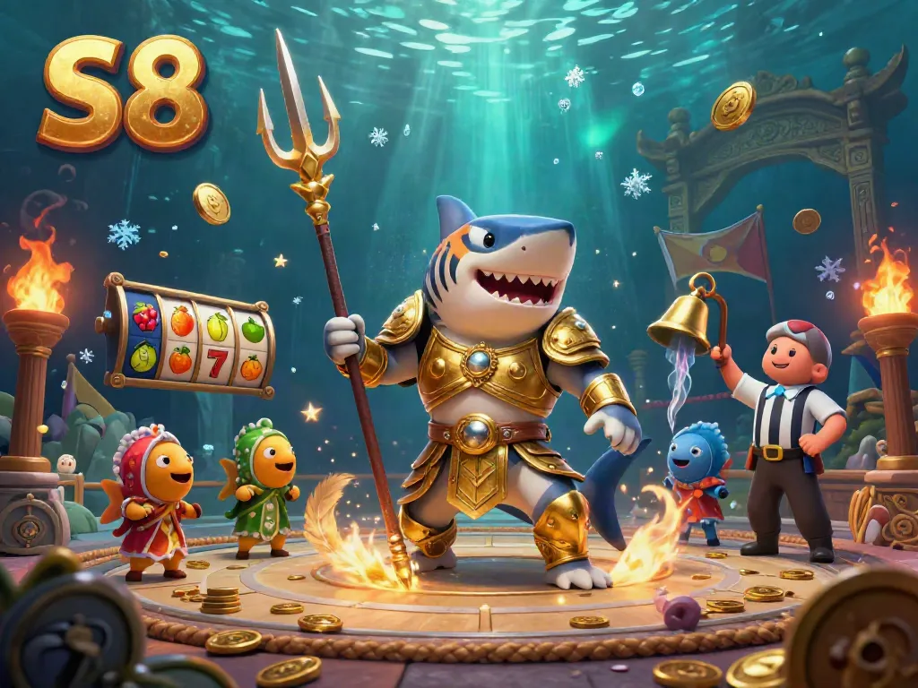 Experience the thrill of S8 with this dynamic underwater casino illustration featuring a golden tiger shark.