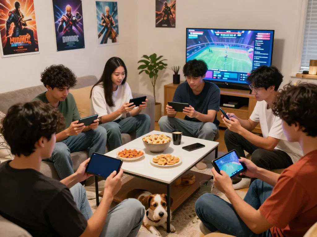 Group of friends engaging with mobile games, featuring http://11bet-app.net/ in a cozy living room setting.