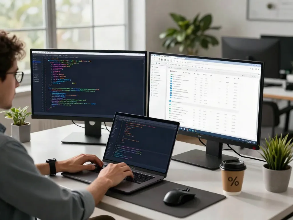 Developer focused on instant indexing in a modern tech workspace with dual monitors.