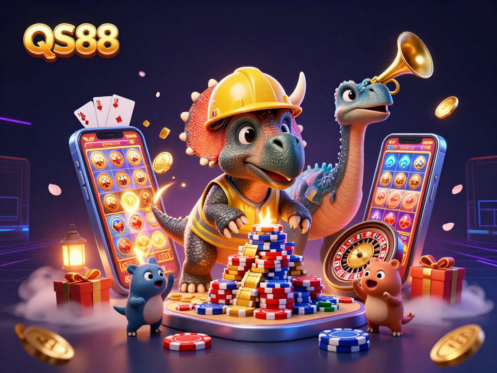 Experience the excitement of QS88 with a lively 3D casino scene featuring dynamic characters and vibrant gaming elements.