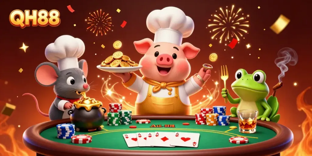 Experience the thrilling atmosphere of QH88 casino with vibrant characters and exciting game elements.