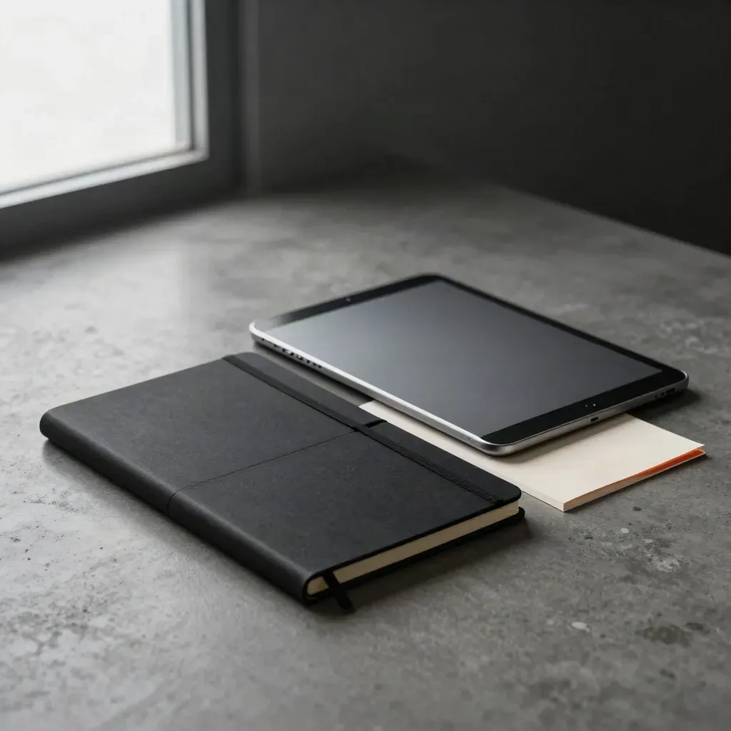 Charcoal brand bundle on concrete with paper swatch and tablet in dramatic studio light