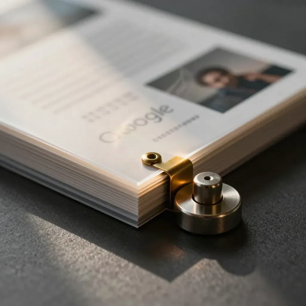 Macro of glossy campaign boards in sleeves with brass clip and metal counterweight on a dark textured surface.