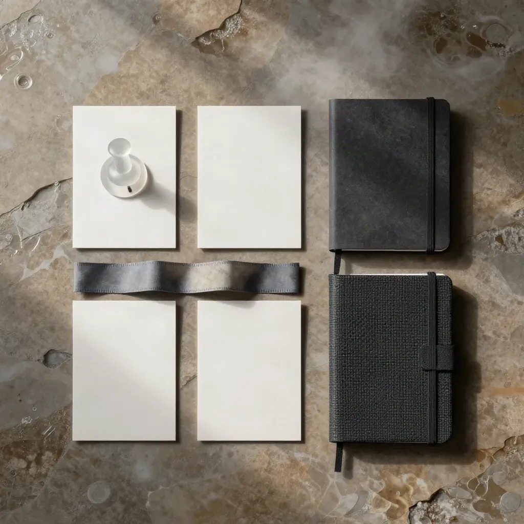 Overhead flatlay of SEO launch kit on damp stone with acrylic pin, cards, ribbon and notebook