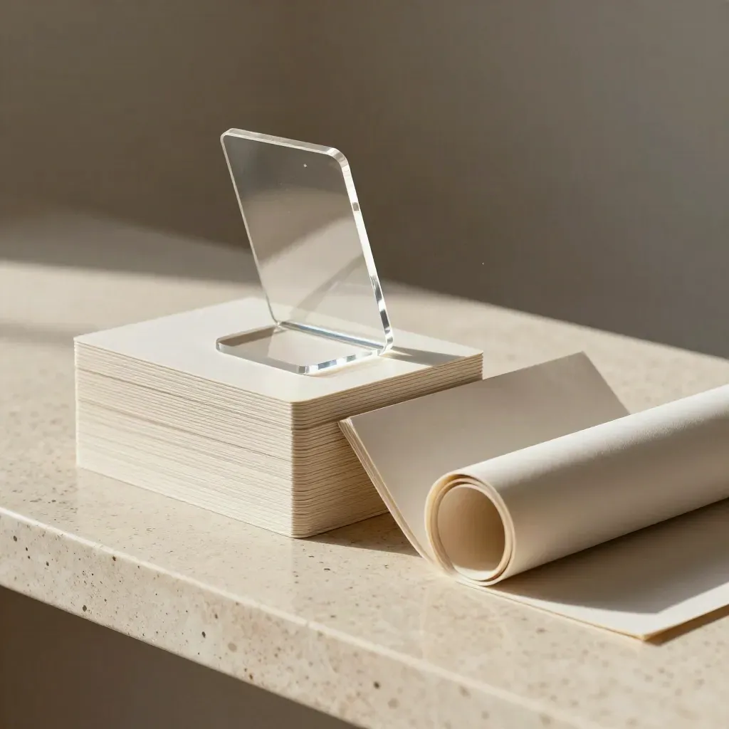 Travertine bench with cut card frames, acrylic phone stand, and rolled backdrop sleeve