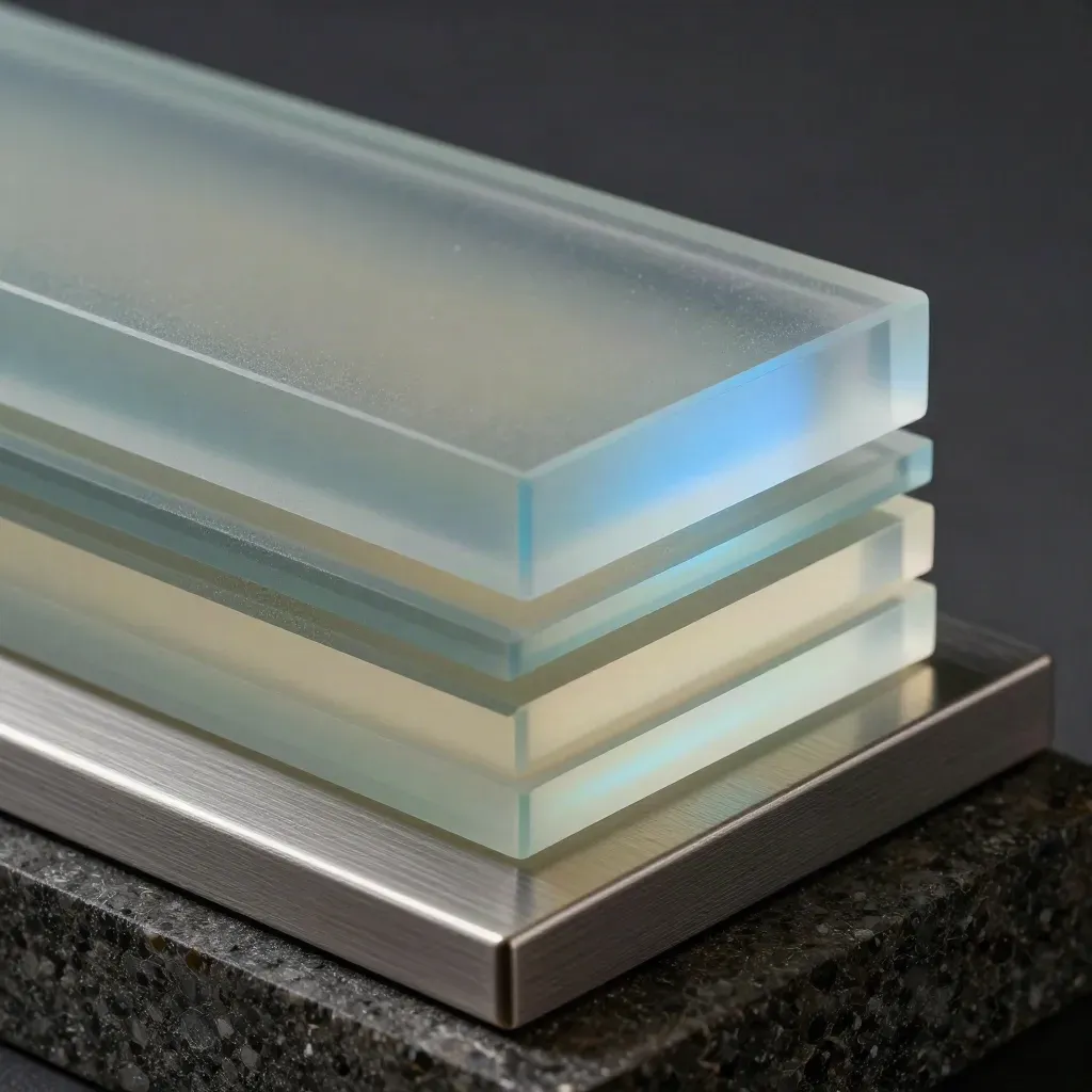 Extreme macro of frosted acrylic, glass panes and brushed metal glowing blue on a dark plinth.