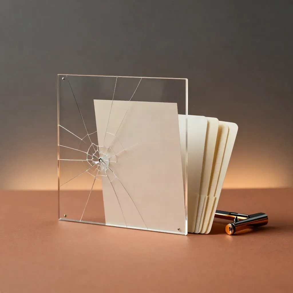 Cracked acrylic landing page fix kit with blank board and alignment tool on a terracotta plinth.