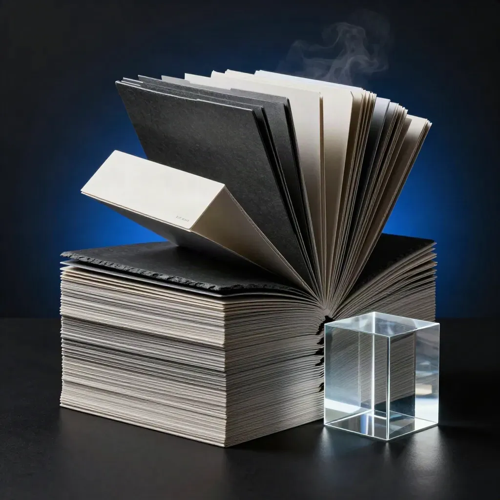 Dark studio stack of folders, swipe cards, a tablet slab and glowing cube with cobalt reflections