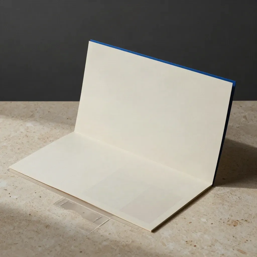 Folded brochure, proof board and paper dummy on travertine under soft studio light.