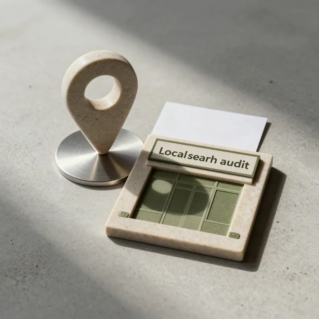 Overhead flatlay of a location pin token, direction disc and storefront tile on stone.