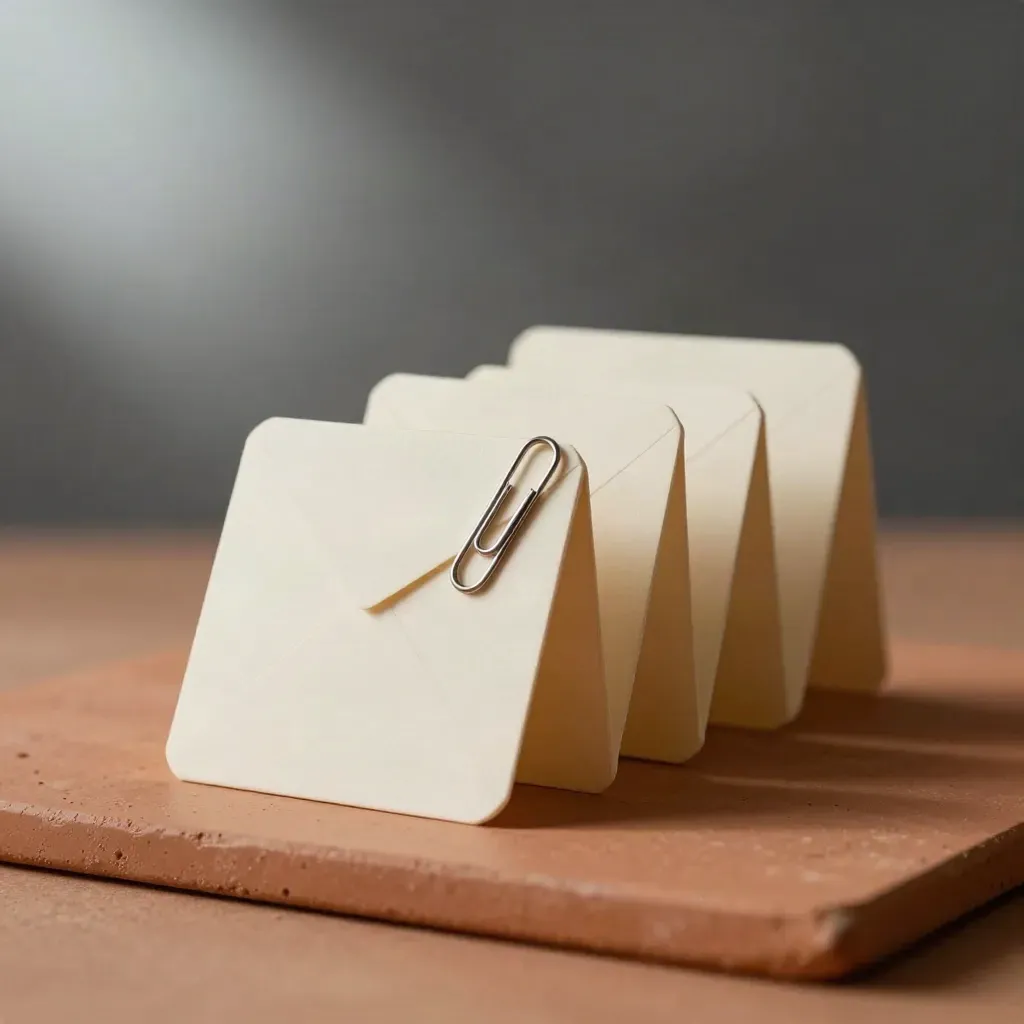 Terracotta studio plinth with cream card tiles, a paper clip, and folded strip in soft light