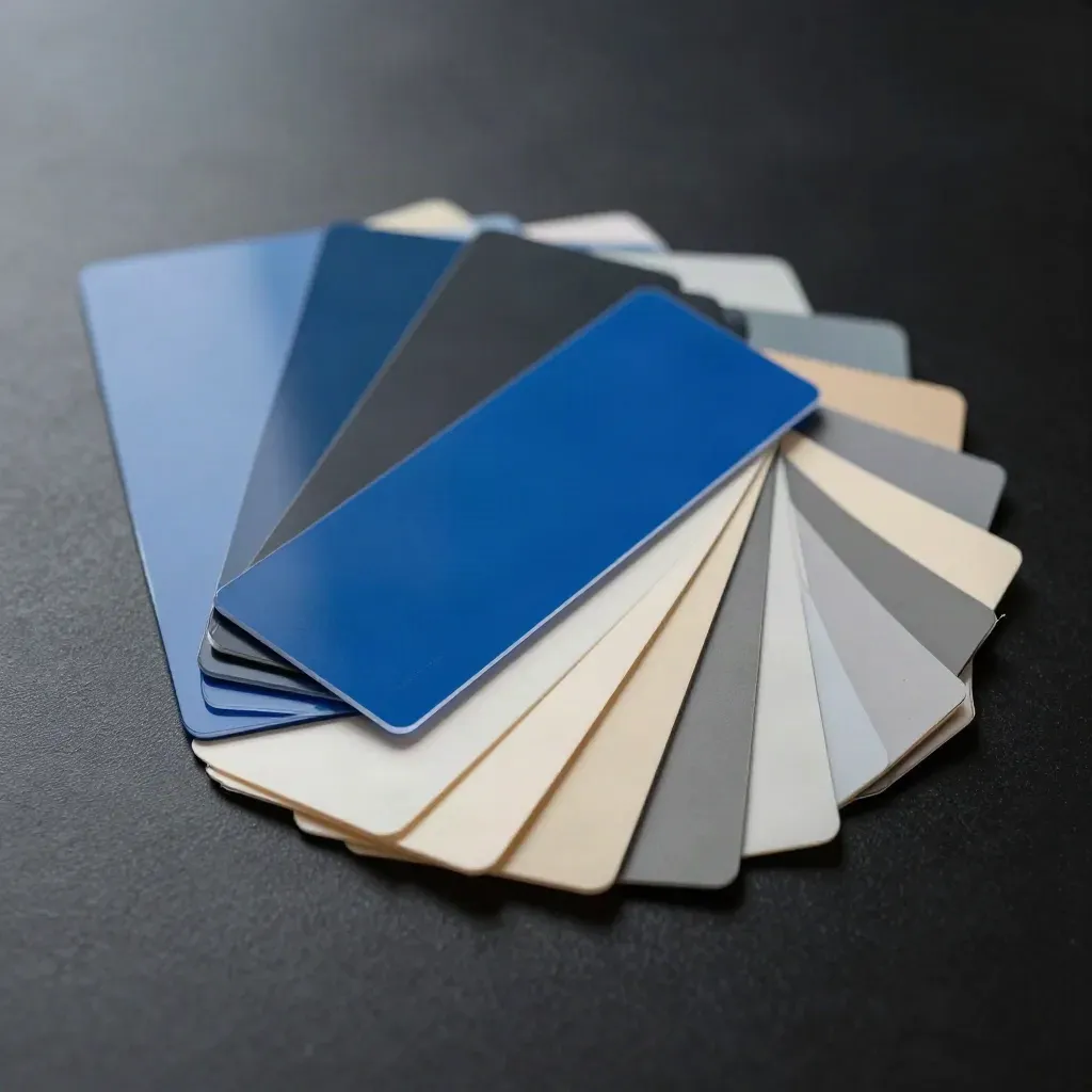 Overhead brand colour sheet with matte swatches, acetate tabs and a cobalt blue arc on black.