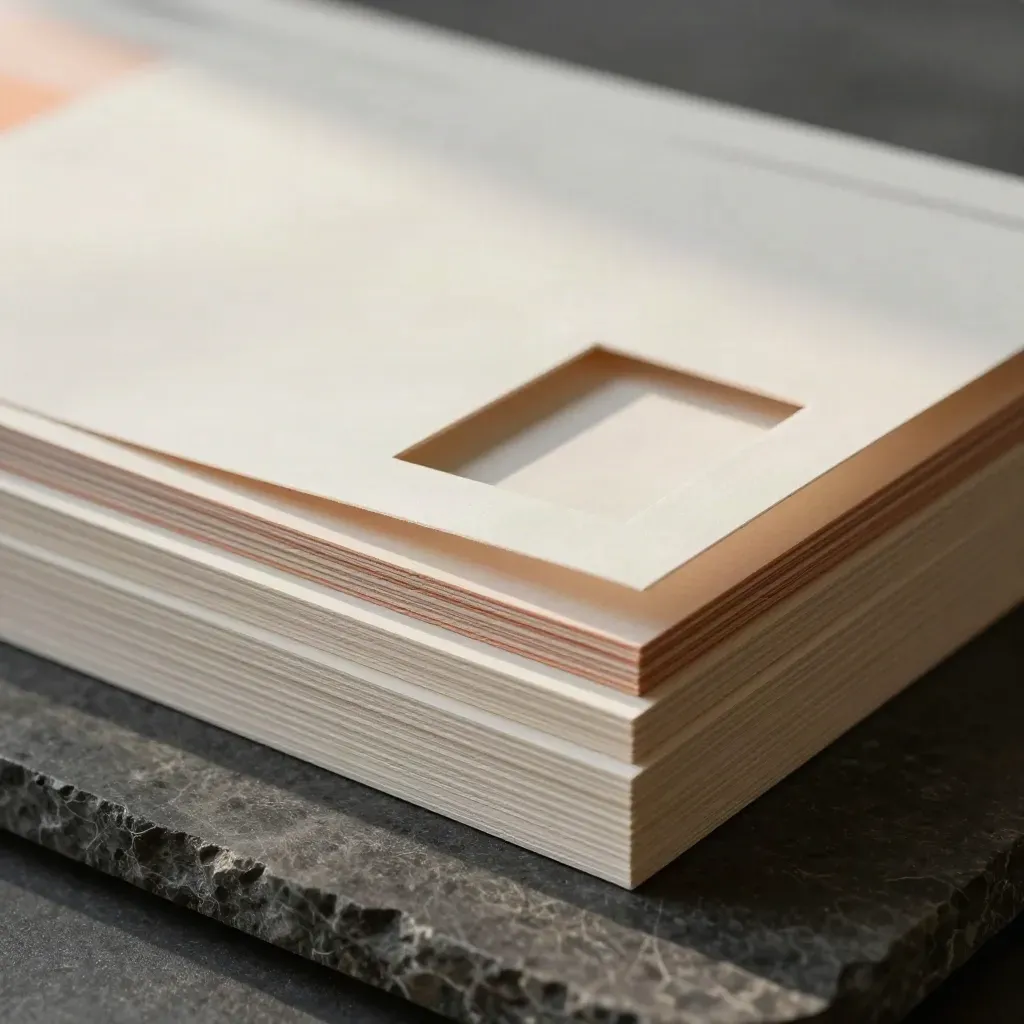 Macro of layered foam-core wireframe boards with cut openings on a stone slab.