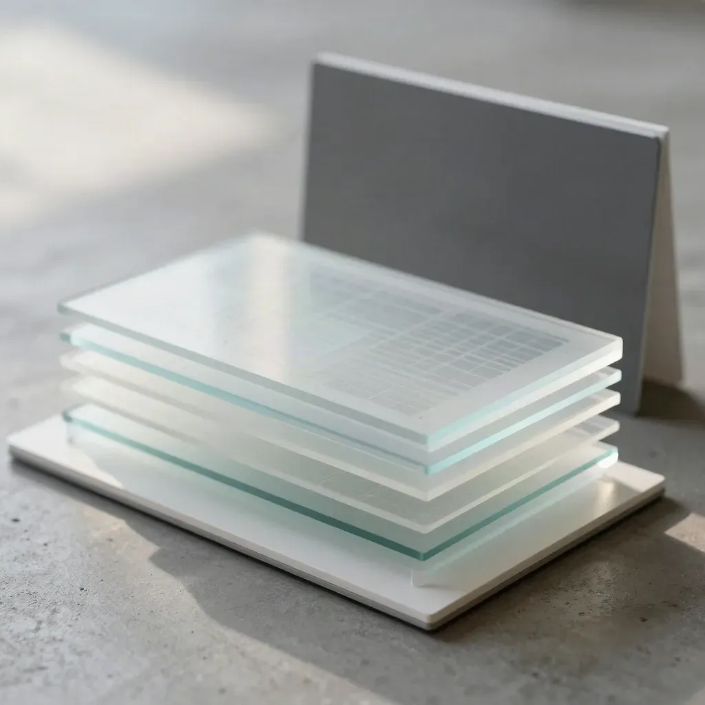 Layered frosted glass analytics dashboard prototype on concrete with soft blue glow