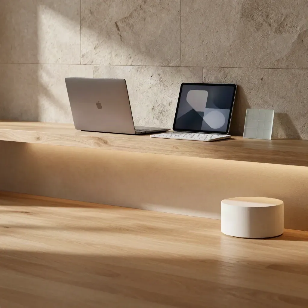 Warm agency interior with laptop, tablet and neutral materials in soft daylight.