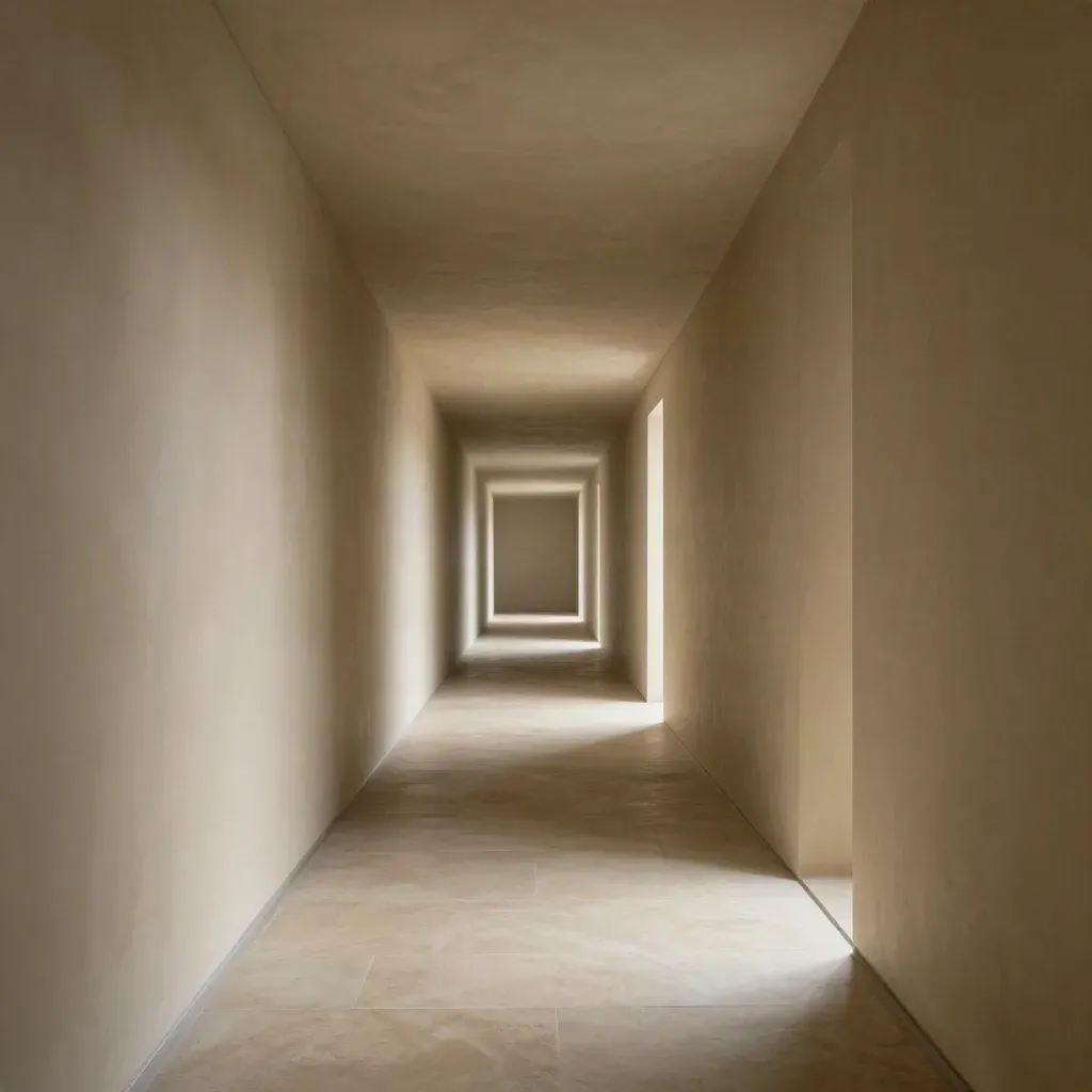 Sunlit plaster corridor receding to daylight with calm floor and soft haze