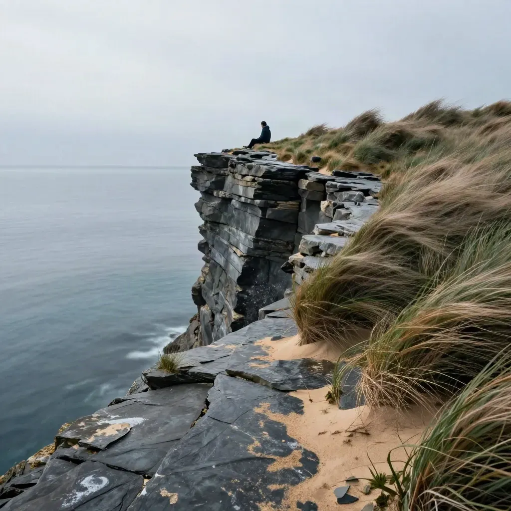 Wind-bent cliff grasses above layered rocks and calm sea haze at sunrise.