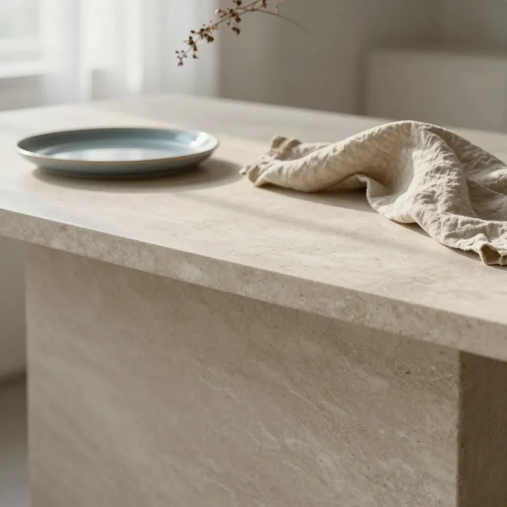 Limestone tabletop with linen and ceramic tray in soft morning light, calm space below