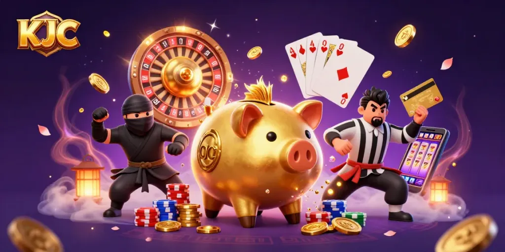 KJC theme illustration depicting a golden piggy bank sumo wrestler triumphantly scattering coins, showcasing lively casino action.