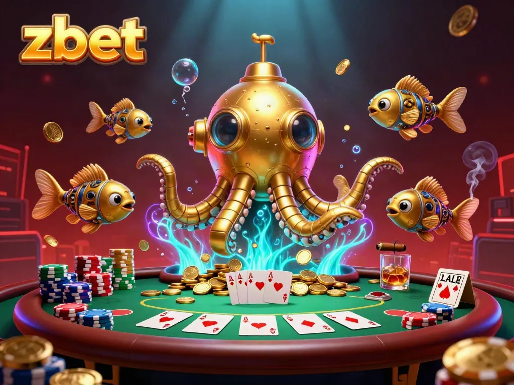 Engage with Zbet's vibrant casino experience featuring dynamic poker elements and a golden kraken.