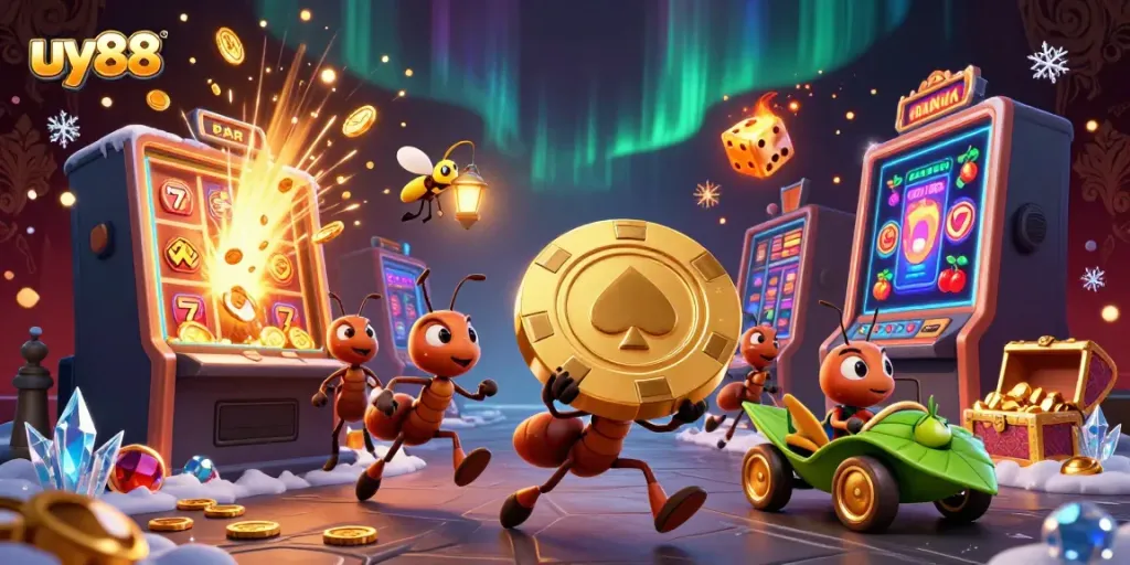 Experience the excitement of uy88 with a thrilling heist scene featuring 3D cartoon ants and casino elements.