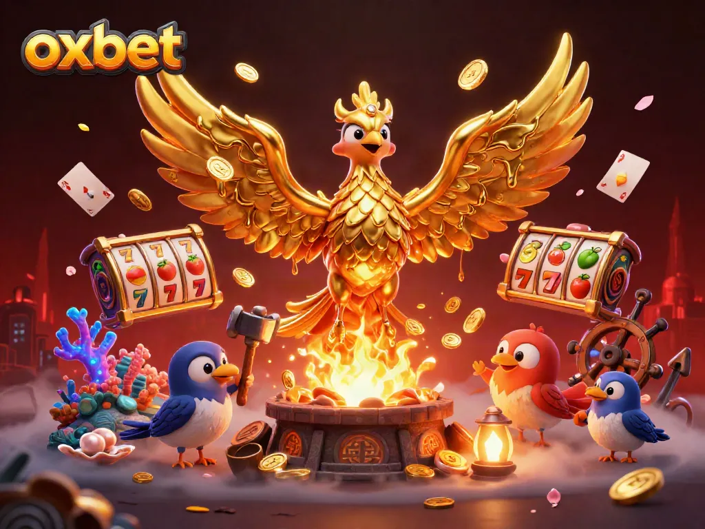 Dive into the exciting world of oxbet with a phoenix symbolizing fortune, surrounded by slots and treasures.