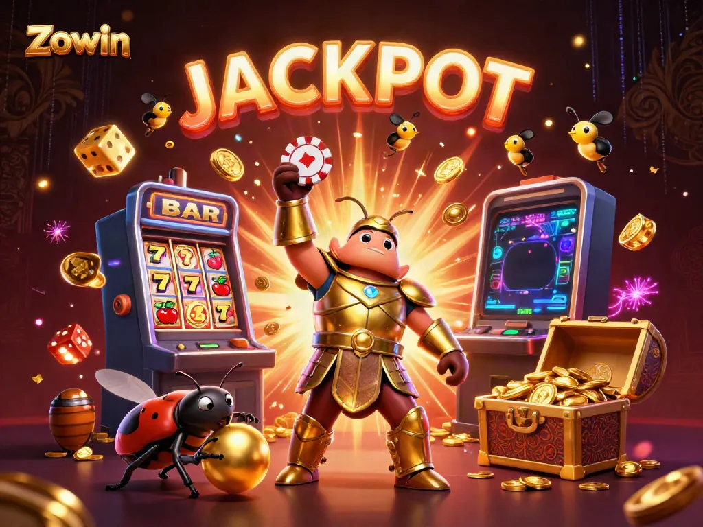 Zowin: A dynamic 3D illustration showcasing a beetle in golden armor amidst a vibrant casino-themed scene.