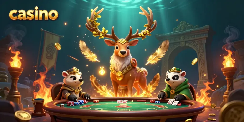 Engaging casino scene with a druid stag and badger, poker elements radiating excitement.