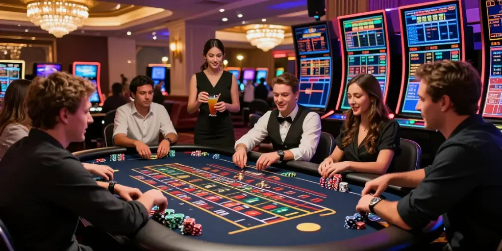 Exciting gameplay scene at a non gamstop casino with players enjoying roulette and vibrant decor.