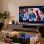 Family enjoying movie night on a sleek smart TV 2026 in a cozy, tech-savvy living room.