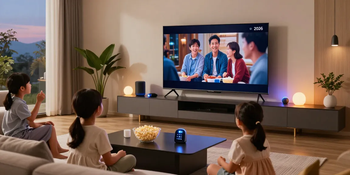 Family enjoying movie night on a sleek smart TV 2026 in a cozy, tech-savvy living room.