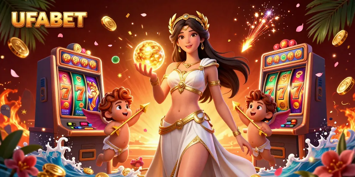 Experience UFABET's vibrant gaming world featuring goddess and cupid characters amidst rich casino elements.