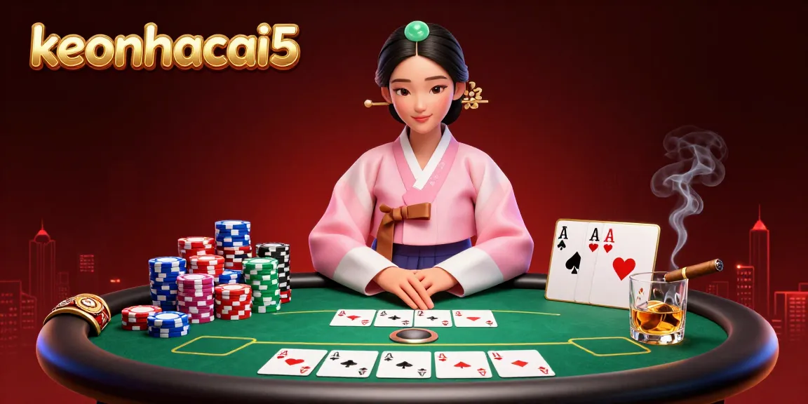 Engage with keonhacai5's vibrant casino experience featuring poker elements and a serene Asian character.
