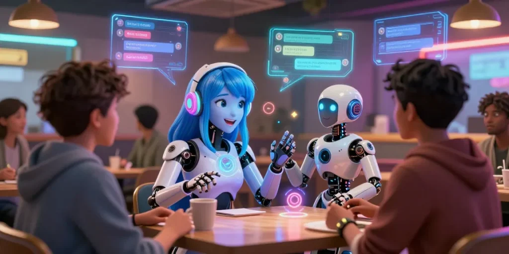 Engaging AI nsfw chat scene with diverse characters in a vibrant virtual café setting.
