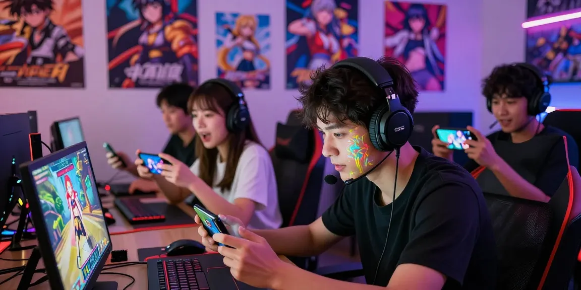 Engaged players exploring various hentai games in a vibrant gaming lounge environment, showcasing mobile devices and laptops.