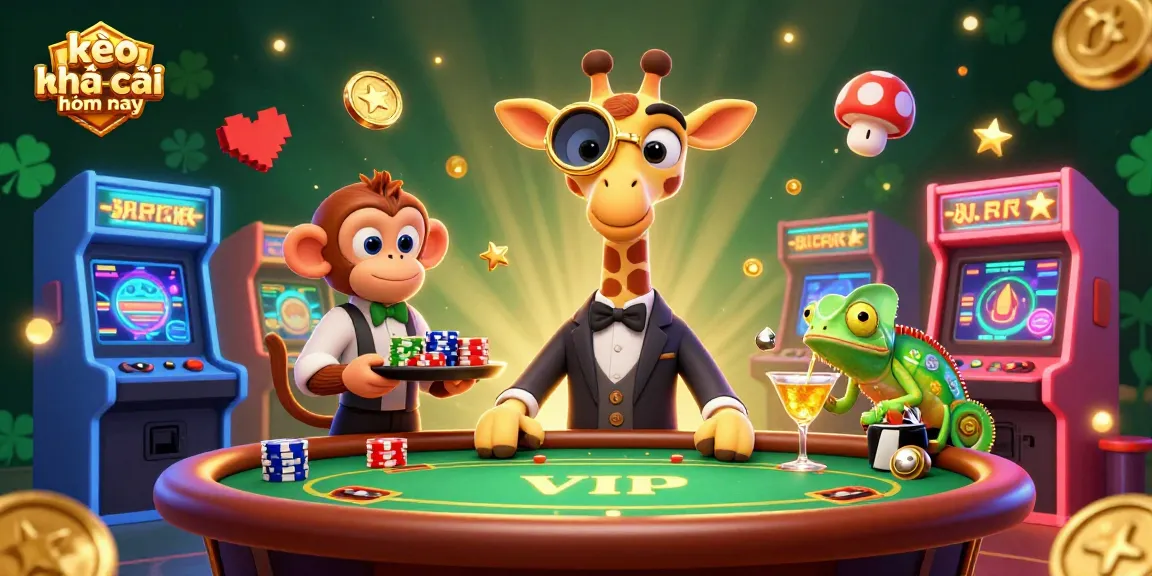 Engage with kèo nhà cái hôm nay at a vibrant casino scene featuring a high-roller giraffe and a monkey valet.