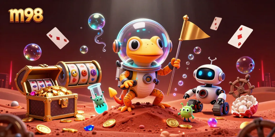Discover exciting m98 gaming elements like slot reels and underwater treasure chests in a vivid scene.