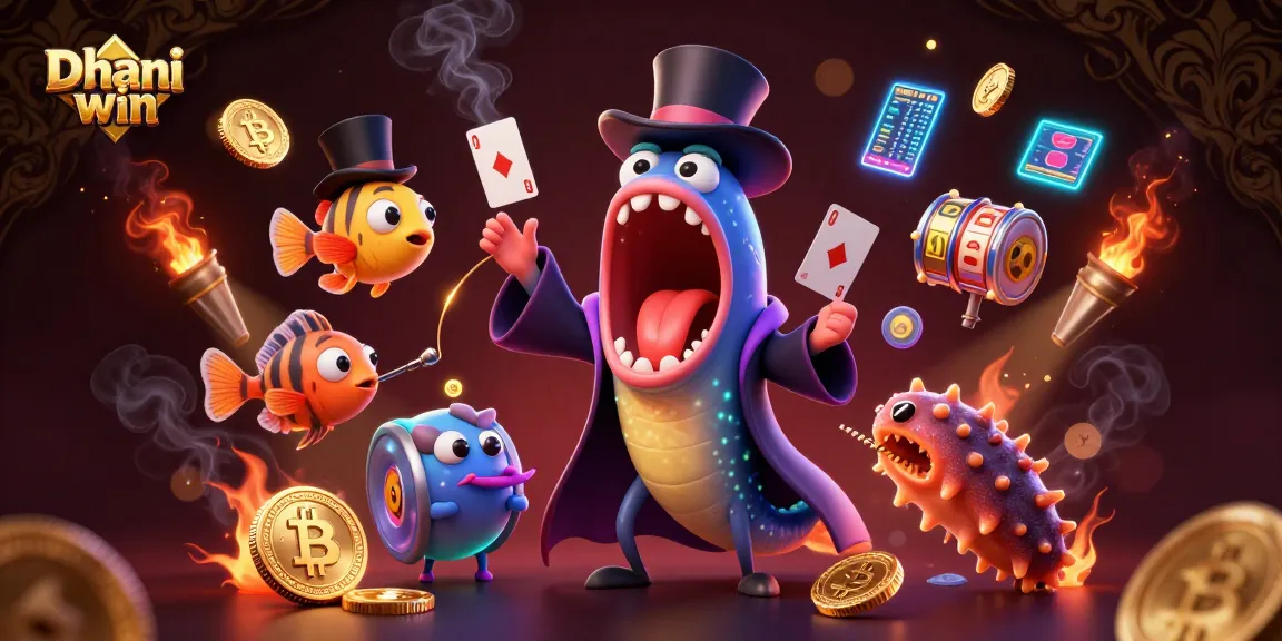 Dhani win offers vibrant gameplay with a bioluminescent eel magician and crypto-themed elements in this thrilling casino illustration.