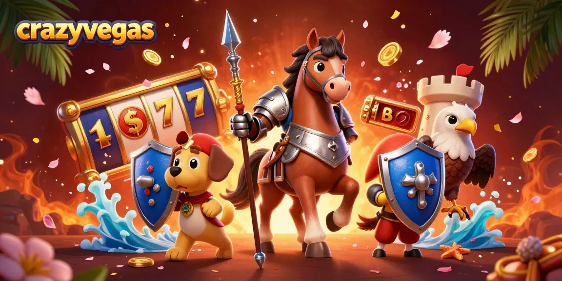 Experience thrilling moments with crazyvegas as a medieval knight, squire puppy, and falcon enjoy exciting slot games.